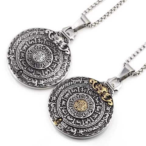 Vintage Titanium Steel Dragon Head Bagua Pendant Necklace Men Hip Hop Punk Zodiac Pattern Religious Amulet Jewelry Gift