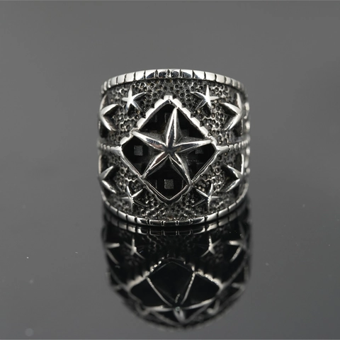 Anello in Acciaio al Titanio Vintage Punk Star per Uomo Donna Retro Invecchiato Anello a Fascia Larga Gioielli da Dito