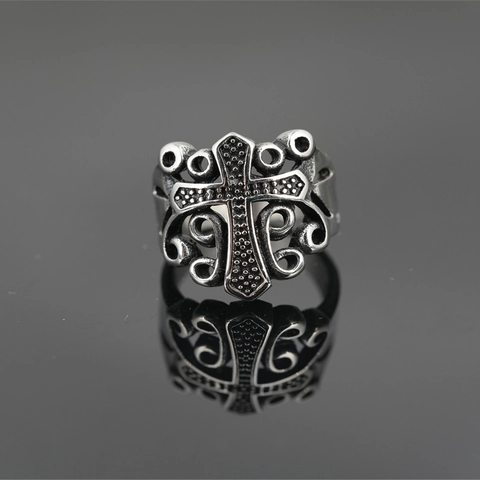 Vintage Gothic Cross Titanium Steel Ring For Men Women Antique Silver Distressed Hollow Scrollwork Punk Religious Jewelry Finger Ring