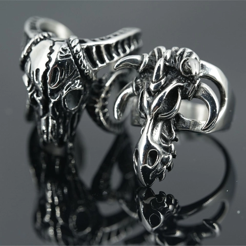 Gothic Titanium Steel Dragon Ram Skull Ring Vintage Punk Distressed Animal Statement Biker Ring For Men Rock Jewelry