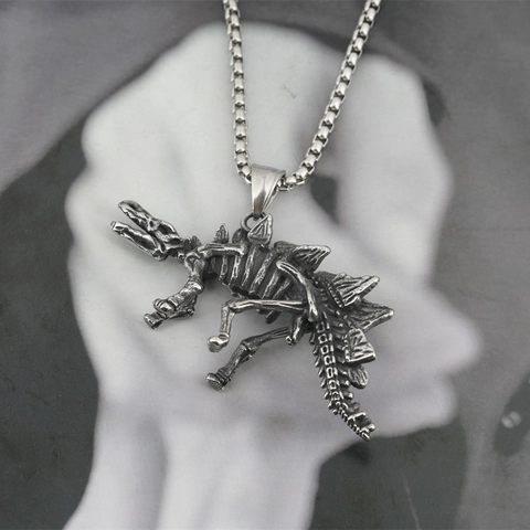 Vintage Titanium Steel Dinosaur Stegosaurus Skeleton Fossil Pendant Necklace Retro Punk Hip Hop Jewelry Gift For Men Women