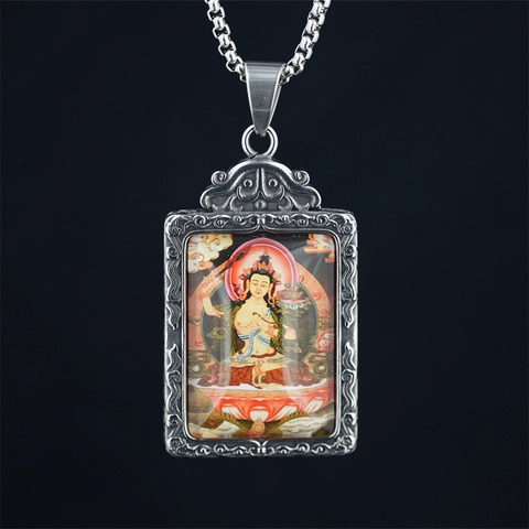 Buddha Pendant Necklace Titanium Steel Thangka Twelve Zodiac Guardian For Men Women Religious Vintage Ethnic Jewelry Gift