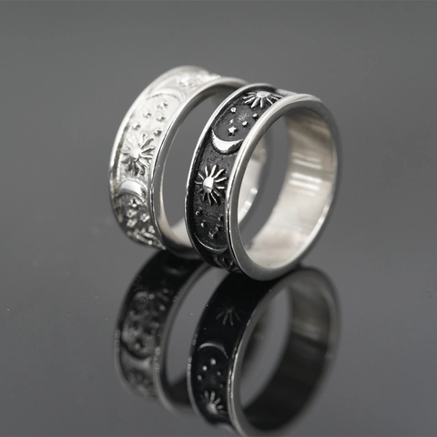 Anello Vintage In Acciaio Inossidabile Per Uomo Donna Sole Luna Stella Rilievo Celeste Mistico Band Anello Moda Coppia Gioielli