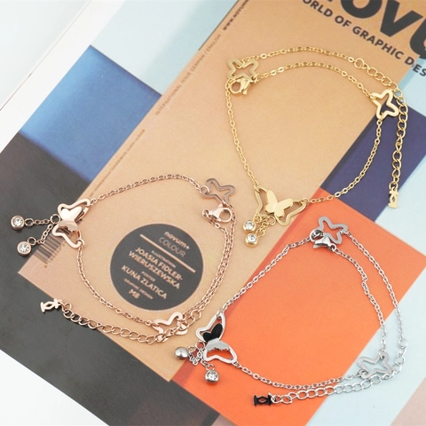 Bracciale a Doppio Strato con Farfalla in Acciaio Inossidabile al Titanio con Ciondolo a Stella e Strass Catena Regolabile per Donna Gioielli da Festa Regalo