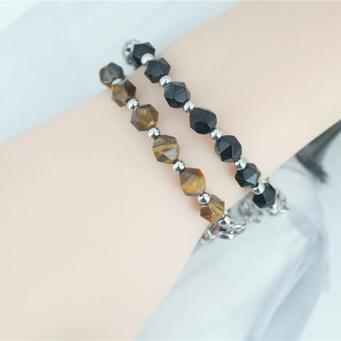 Bracciale a Giunzione in Acciaio al Titanio Vintage Perle in Pietra Naturale Occhio di Tigre Nera Catena a Maglie Regolabile Per Uomo Donna Gioielli