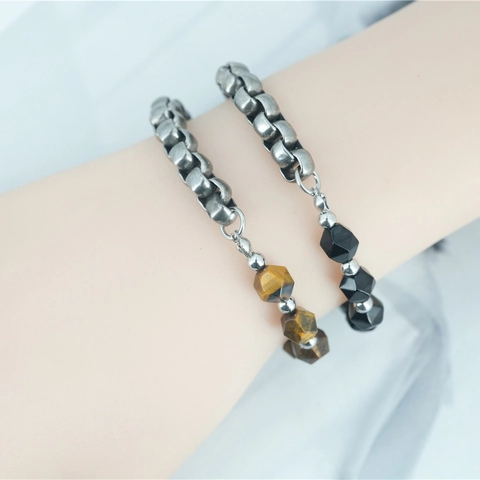 Bracciale a Giunzione in Acciaio al Titanio Vintage Perle in Pietra Naturale Occhio di Tigre Nera Catena a Maglie Regolabile Per Uomo Donna Gioielli
