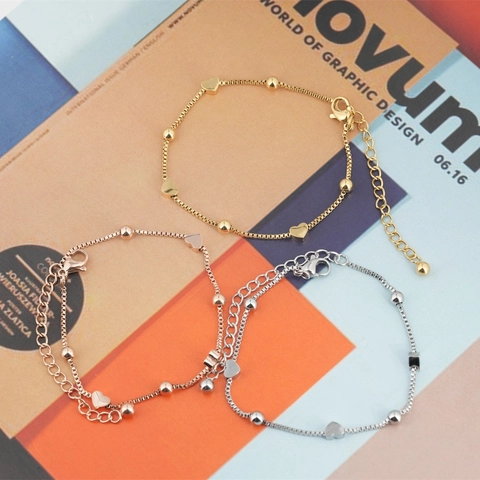 Minimalistisch Titaniumstaal Hart En Ronde Kraal Armband Enkelbandje Voor Dames Goud Roségoud Zilver Verstelbare Ketting Sieraden