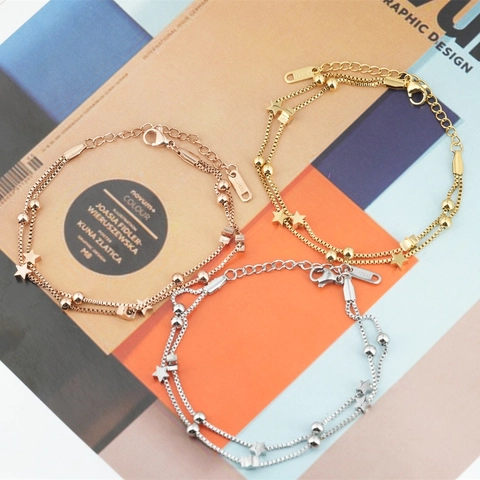 Bracciale a Doppio Strato in Acciaio Inossidabile Minimalista Con Stella Per Donna Gioielli con Catena di Perline Lucide Regalo