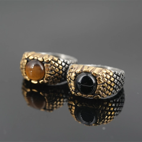 Vintage Titanium Steel Men Ring Gold Silver Two-Tone Dragon Scale Design With Tiger Eye Black Onyx Gemstone Retro Punk Jewelry