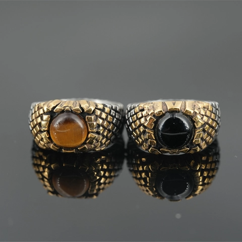Vintage Titanium Steel Men Ring Gold Silver Two-Tone Dragon Scale Design With Tiger Eye Black Onyx Gemstone Retro Punk Jewelry