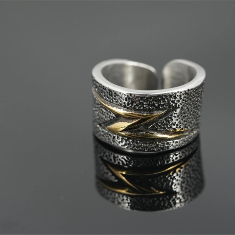 Anello a Fascia Larga Vintage in Acciaio Inossidabile Retro Invecchiato Martellato Fulmine Regolabile Aperto Punk Hip Hop Gioielli