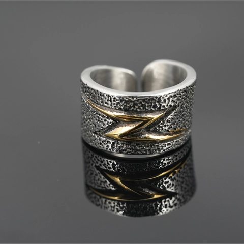 Anello a Fascia Larga Vintage in Acciaio Inossidabile Retro Invecchiato Martellato Fulmine Regolabile Aperto Punk Hip Hop Gioielli