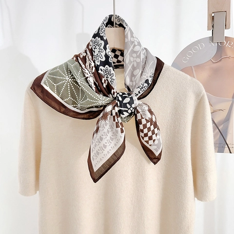 Vintage Herringbone Geometric Print Polyester Square Scarf For Women Retro Elegant Satin Feel Neck Scarf Fashion Accessory
