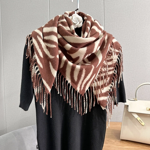 Damen Retro Leoparden Zebramuster Viereckiges Tuch Kaschmir Ähnlich Polyester Winter Warm Schal Mit Fransen Für Alltag Mode