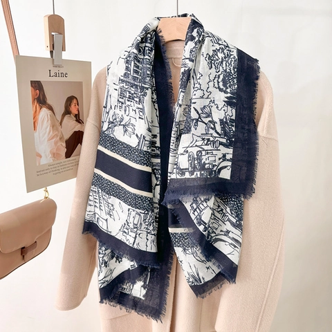 Vintage Toile De Jouy Print Large Square Scarf For Women Polyester Fringed Edge Shawl Elegant Floral Architecture Sun Wrap