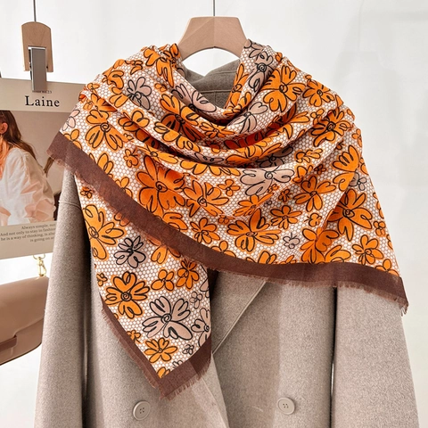 Dames Vintage Bloemenprint Grote Vierkante Sjaal Elegante Polyester Sjaal Met Gerafelde Rand Lichtgewicht Mode Dagelijks