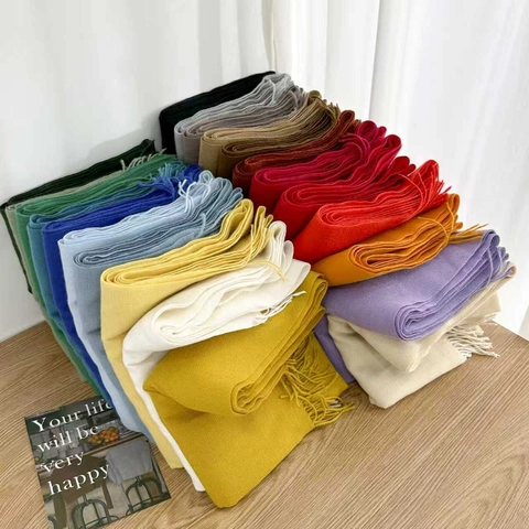 Solid Color Soft Imitation Cashmere Scarf For Women Warm Winter Shawl With Tassel Fringe Lightweight Long Wrap For Daily Wear