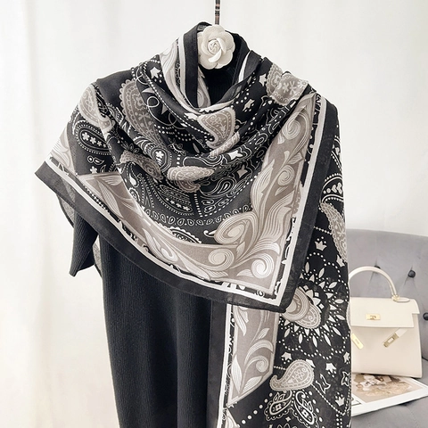 Châle en Polyester Imprimé Paisley Vintage Écharpe Florale Légère Élégante pour Femme Voyage Plage Grand Enveloppement Accessoire Mode