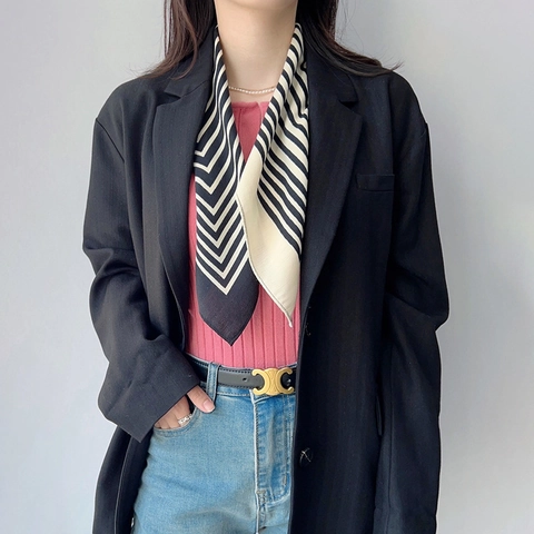 Women Fashionable Commuting Polyester Square Scarf Elegant Herringbone Pattern Printed Geometric Line Necktie Small Scarf