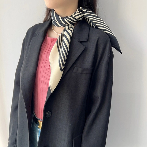 Women Fashionable Commuting Polyester Square Scarf Elegant Herringbone Pattern Printed Geometric Line Necktie Small Scarf
