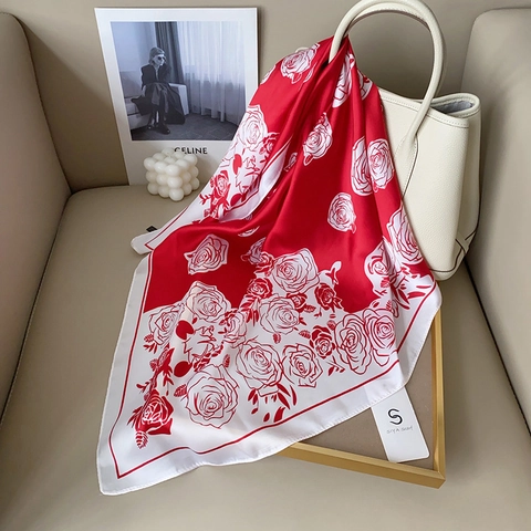 Elegante Roos Bloemenprint Satijn Sjaal Dames Lichtgewicht Zijdegevoel Polyester Vierkante Sjaal