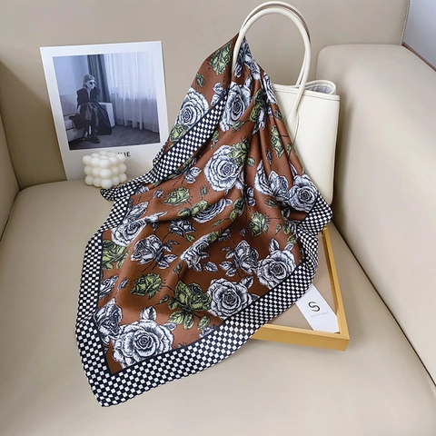 Vintage Rosen Satin Quadratisches Tuch Elegant Schachbrettmuster Seidenartig Hals Kopftuch Damen Accessoire