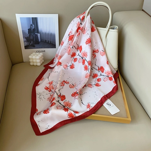 Foulard Quadrato in Raso Elegante da Donna Stampa Vintage di Foglie di Ginkgo e Fiori di Prugno Morbido per Viaggi Ufficio