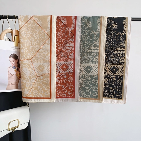 Vintage Paisley Floral Print Square Scarf Elegant Satin Feel Herringbone Pattern Shawl For Women Fashion Daily Accessory