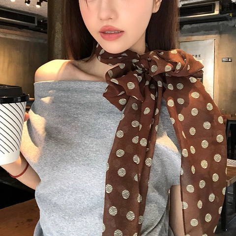 Women French Vintage Polka Dot Skinny Scarf Imitation Satin Polyester Long Narrow Hair Band Neck Tie Decorative Accessory