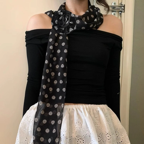 Vintage Polyester Polka Dot Schal Für Damen Koreanischer Stil Elegant Lang Dünn Bedruckt Mit 3D Rosenblüten Dekoration