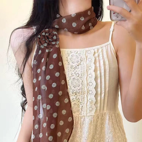 Vintage Polyester Polka Dot Schal Für Damen Koreanischer Stil Elegant Lang Dünn Bedruckt Mit 3D Rosenblüten Dekoration