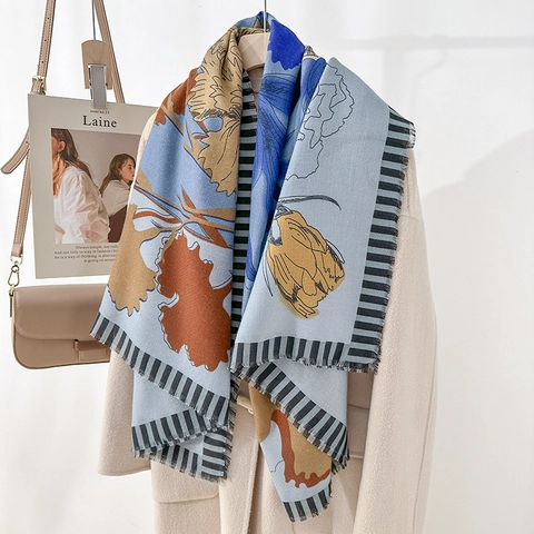Women Fashion Botanical Floral Printed Large Square Scarf Polyester Shawl Wrap With Frayed Edges Striped Border Accessories