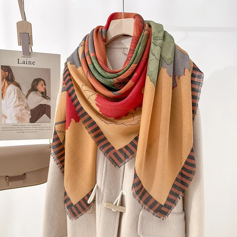 Women Fashion Botanical Floral Printed Large Square Scarf Polyester Shawl Wrap With Frayed Edges Striped Border Accessories