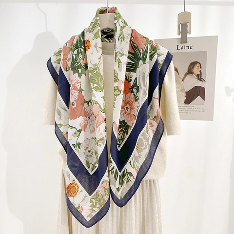 Pastoral Style Botanical Floral Print Polyester Satin Square Scarf Elegant Retro Herringbone Silk Like Scarf For Women