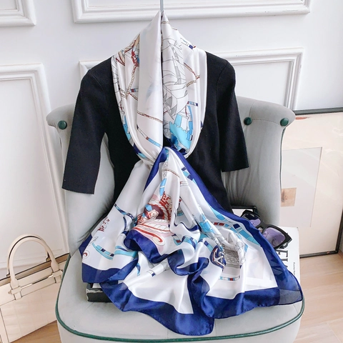 Nautical Pattern Polyester Satin Scarf For Women Large Long Elegant Sun Protection Shawl Maritime Anchor Sailboat Printed Hijab Foulard