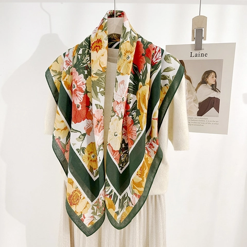 Pastoral Style Botanical Floral Print Polyester Satin Square Scarf Elegant Retro Herringbone Silk Like Scarf For Women