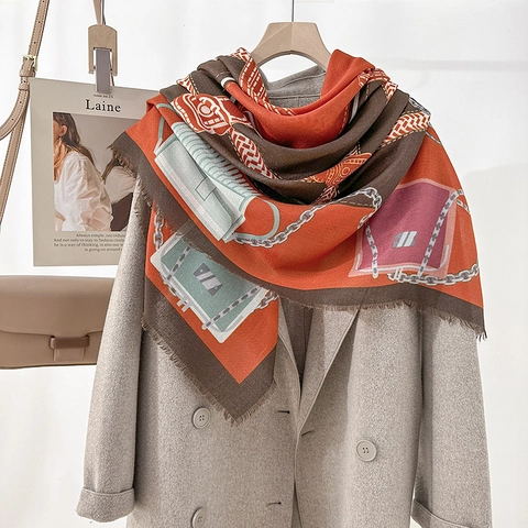 Women Vintage Chain Print Large Square Scarf Polyester Elegant Fringed Shawl Fashion Bag Pattern Warm Wrap Scarf For Spring Autumn