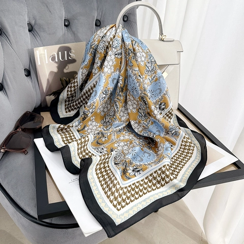 Foulard Carré en Polyester Élégant pour Femmes Vintage Imprimé Floral Botanique Pied-de-poule Châle Accessoires de Mode