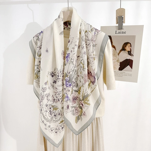 Dames Elegante Bloemenprint Polyester Vierkante Sjaal 90cm Visgraat Textuur Mode Zijde-achtige Accessoire Nekdoek