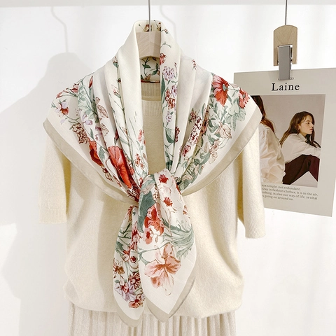 Dames Elegante Bloemenprint Polyester Vierkante Sjaal 90cm Visgraat Textuur Mode Zijde-achtige Accessoire Nekdoek