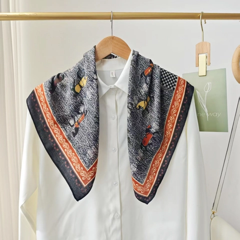 Pañuelo Cuadrado de Satén para Mujer Estilo Británico Vintage Estampado de Caballos y Cuadros Accesorio para Bolso