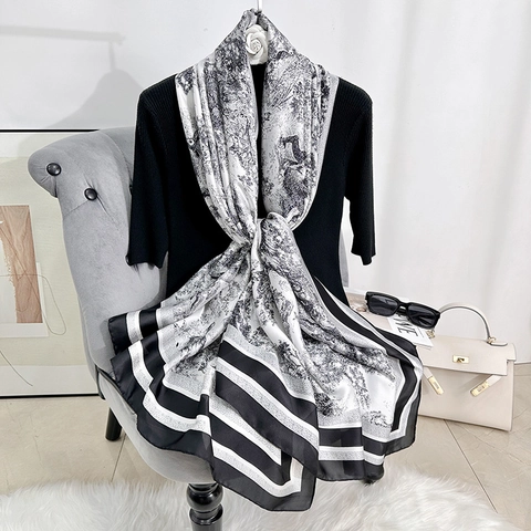 Vintage Toile De Jouy Druck Satin Schal Für Damen Elegant Botanisch Landschaftsmuster Lange Wickelstola Mode Accessoire