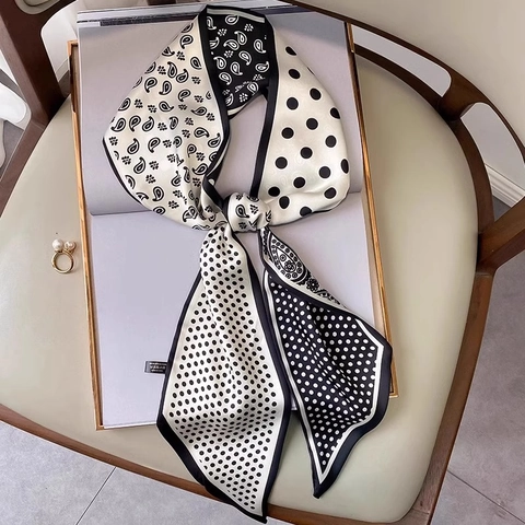 Dames Elegante Polyester Satijnen Lange Strip Sjaal Bedrukt Paisley Stippenpatroon Strik Taille Riem Handtas Decoratie