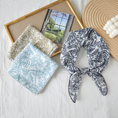Pañuelo Cuadrado Vintage con Estampado Floral para Mujer Bufanda Ligera de Hilo de Bali con Borde Festoneado