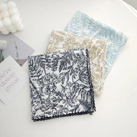 Pañuelo Cuadrado Vintage con Estampado Floral para Mujer Bufanda Ligera de Hilo de Bali con Borde Festoneado
