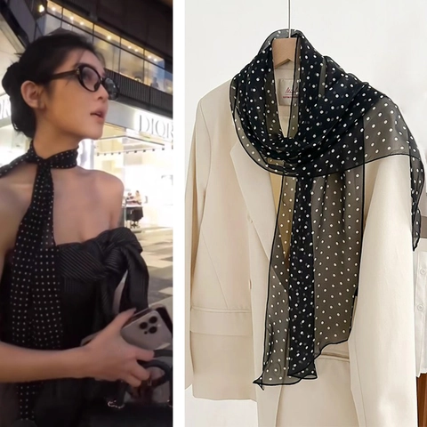 Foulard in 100% Seta di Gelso a Pois da Donna Leggero con Stampa Floreale Foulard Lungo e Sottile alla Moda Bandana