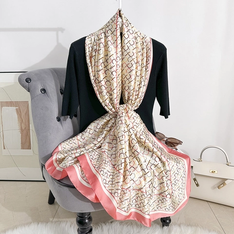 Elegant Printed Polyester Satin Shawl Scarf For Women Lightweight Sun Protection Summer Scarf Geometric Alphabet Pattern Wrap