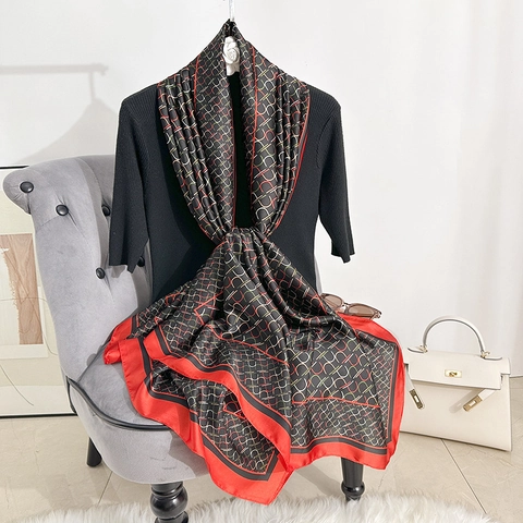 Elegant Printed Polyester Satin Shawl Scarf For Women Lightweight Sun Protection Summer Scarf Geometric Alphabet Pattern Wrap