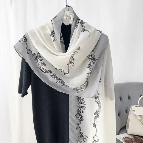 Elegant Baroque Print Scarf For Women Vintage Scroll Pattern Lightweight Sunscreen Shawl Silk Feel Polyester Travel Wrap