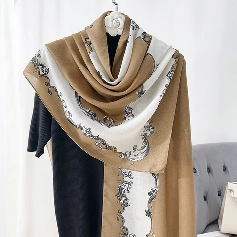 Elegant Baroque Print Scarf For Women Vintage Scroll Pattern Lightweight Sunscreen Shawl Silk Feel Polyester Travel Wrap
